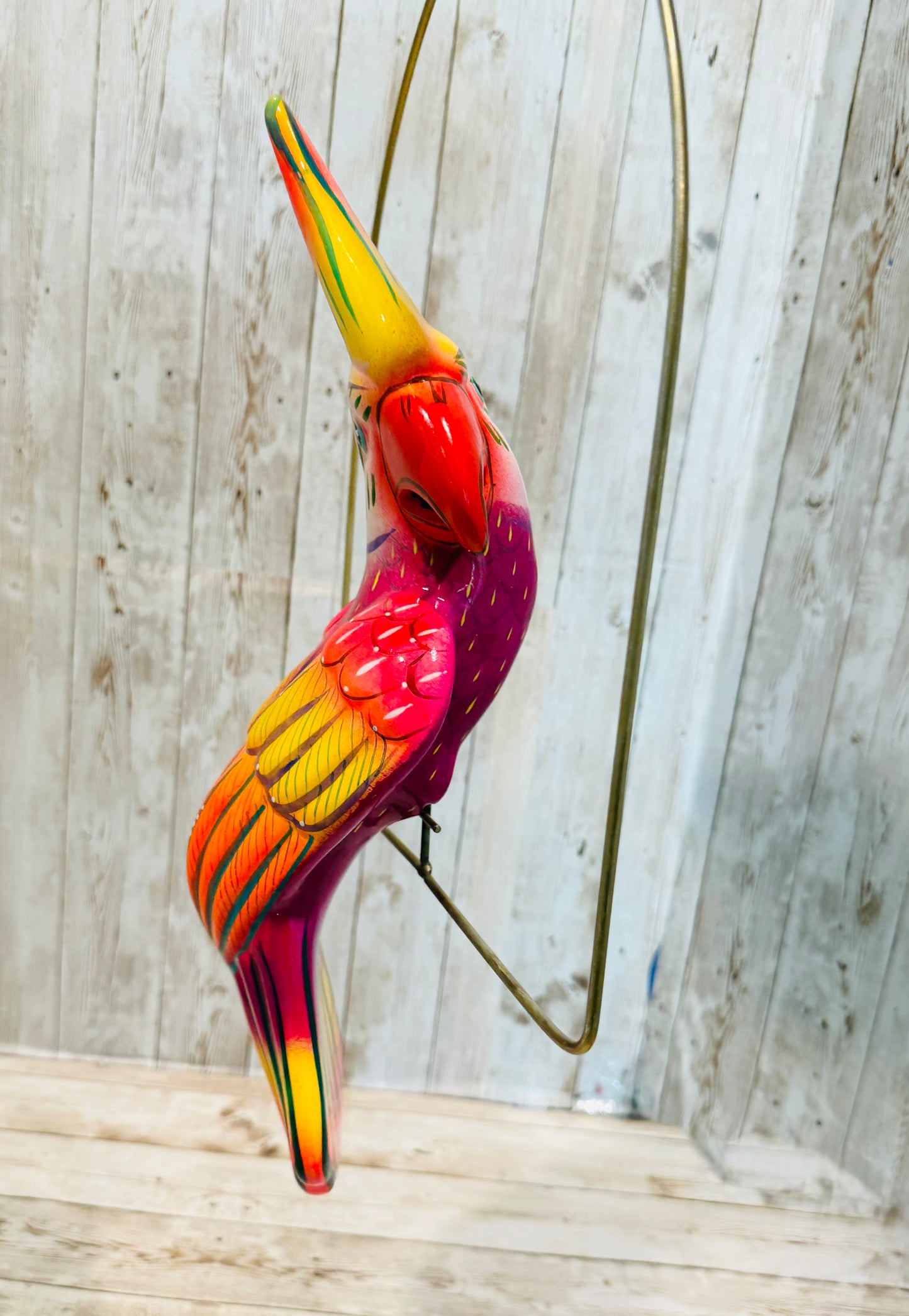 Mexican Exotic Ceramic Bird on a Perch Pajaro Mexicano de Ceramic en Aro