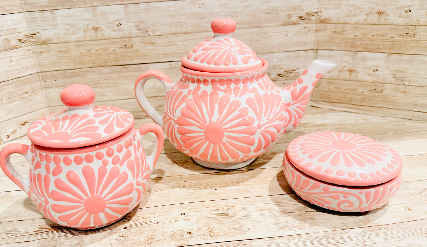 Mexican Pink Talavera Coffeepot Teapot Set with Sugar Bowl and Serving Dish with Lid Talavera Rosa Tetera con Azucarera y Charola Chica para Servir