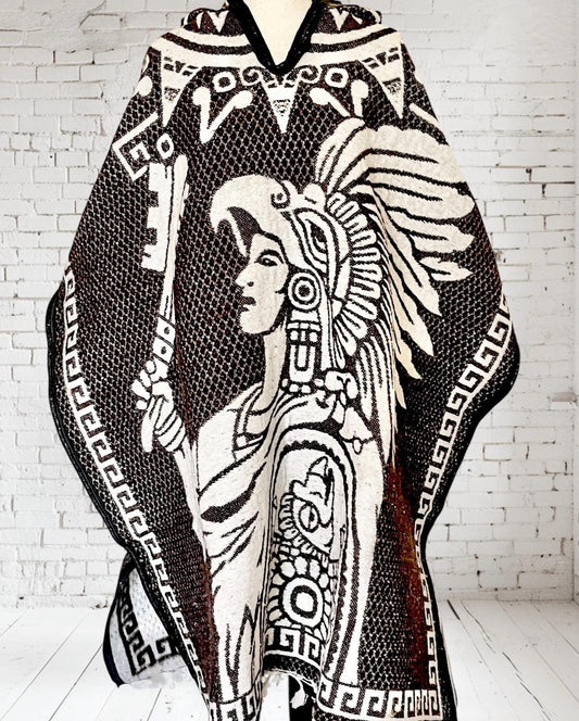 Poncho Azteca con Guerrero y Escudo Nacional Double Sided Aztec Calendar Poncho