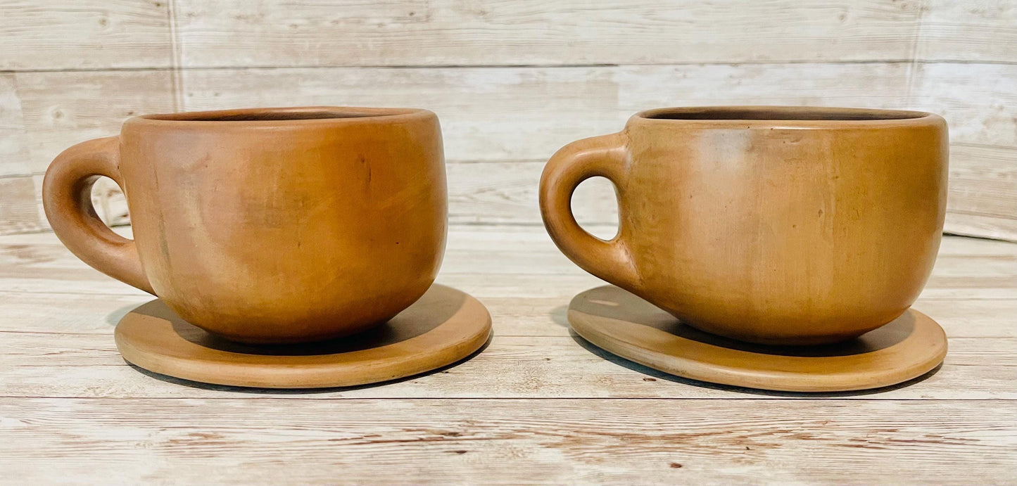 Brown Oaxacan Mexican Clay Cups Set with 2 Cups & 2 Plates 2 Tazas de Barro Cafe Artesanal de de Oaxaca Artesanales con 2 Platos