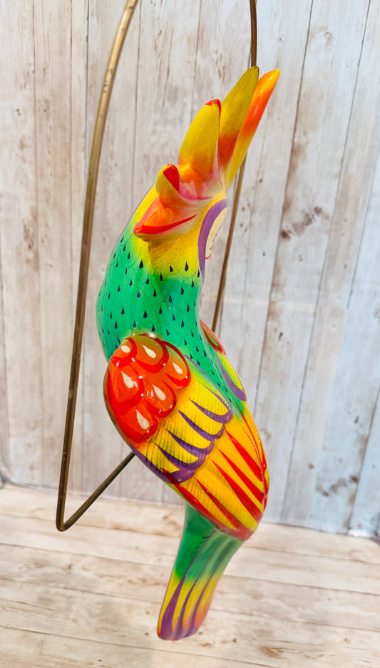 Mexican Exotic Ceramic Bird on a Perch Pajaro Mexicano de Ceramic en Aro