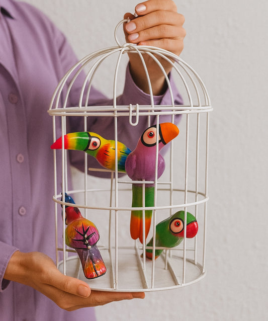 Hanging Exotic Birds in Birdcage Home Decor Cotorritos de Ceramica en Jaula