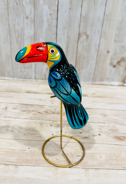 Mexican Exotic Ceramic Bird on a Perch Pajaro Mexicano de Ceramic en Aro