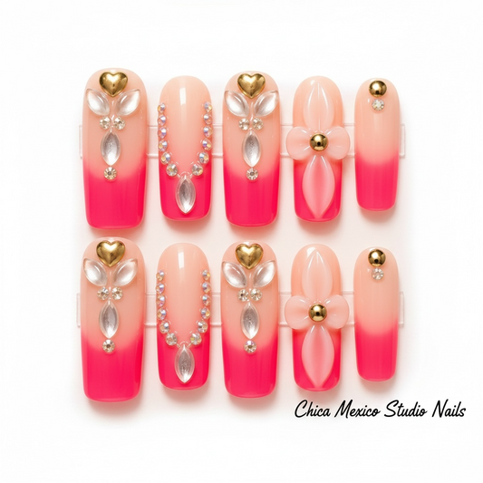 Neon Sunset Heart French Press-On Nails Size Medium