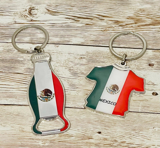2 Mexican Keychains 1 Bottle Opener and 1 Mexican Shirt with Mexico Colors 2 Llaveros 1 Llavero Destapador y 1 Llavero de Camiseta Mexicana
