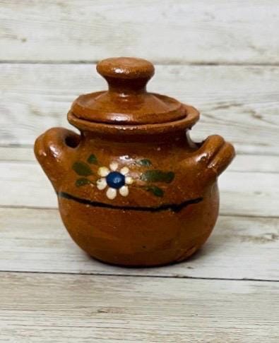 Mexican Terra Cota Salt Shaker and Casserole Handmade Barro Pottery Set Salero de Barro Mexicano y Cazuelita Artesanal