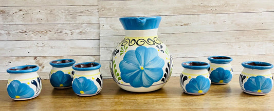 Terra Cotta Mexican Art Pottery Pitcher With 6 Cups Jarra Artesanal Mexicana