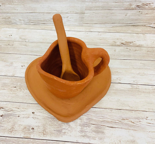 Mexican Red Terra Cota Heart Cup Mug with Heart Plate & Spoon Taza Plato y Cuchara de Corazon de Barro Rojo Mexicano