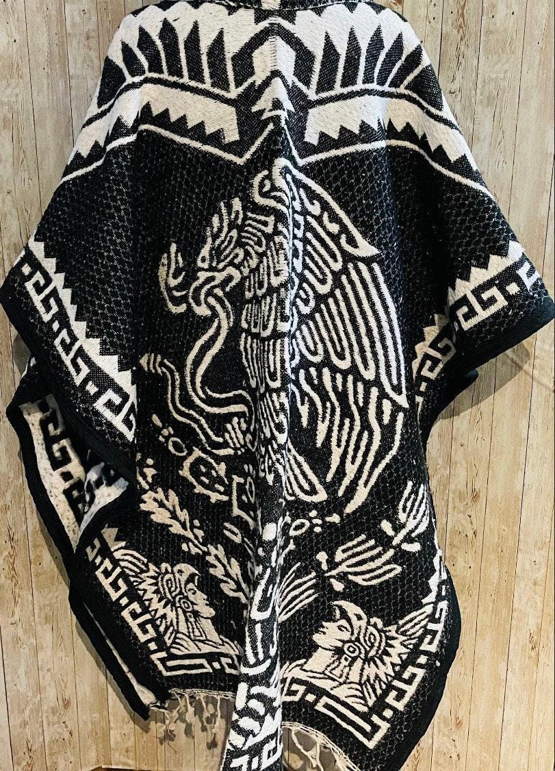 Poncho Azteca con Guerrero y Escudo Nacional Double Sided Aztec Calendar Poncho