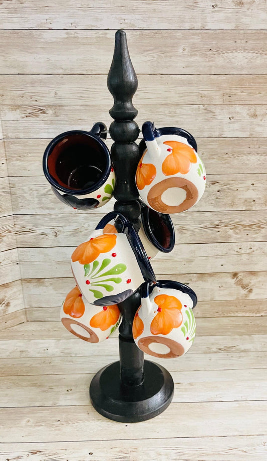 Terra Cotta Mexican Art Pottery CoffeeTea Pot with 6 Mugs and Mug Tree Jarra Lechera Cafetera Artesanal Mexicana Engove con 6 Tazas y Torre