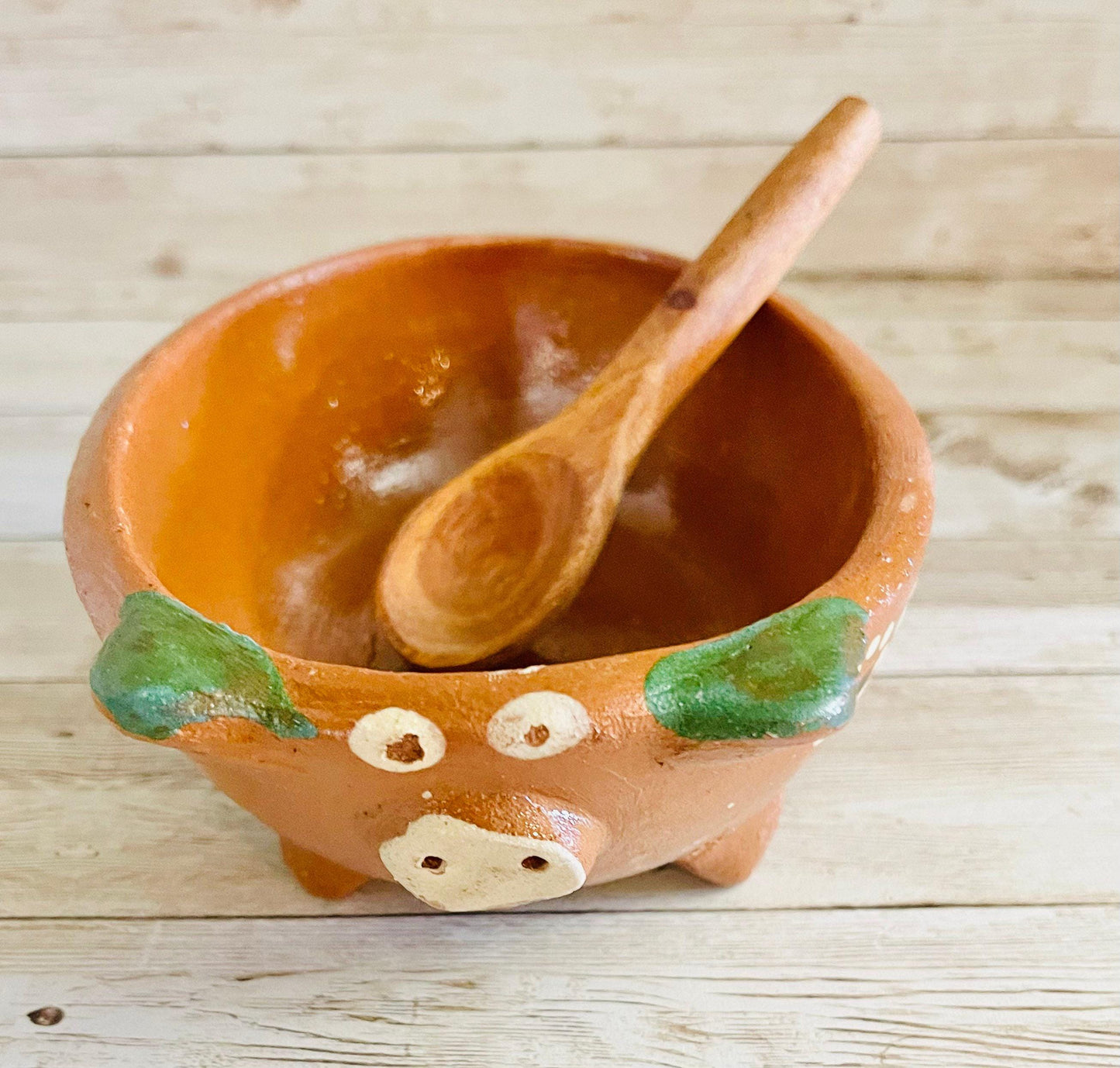 Terra Cotta Mexican Pottery Salsa Pig Bowl with Spoon Salsera de Barro Mexicana de Marranito con Cuchara