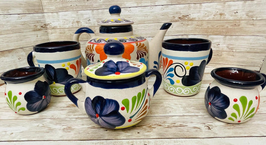 Terra Cotta Mexican Art Pottery CoffeeTea Set Drinkware With 4 Mugs & Sugar Bowl Jarra Lechera Cafetera Artesanal con 4 tazas y Azucarera