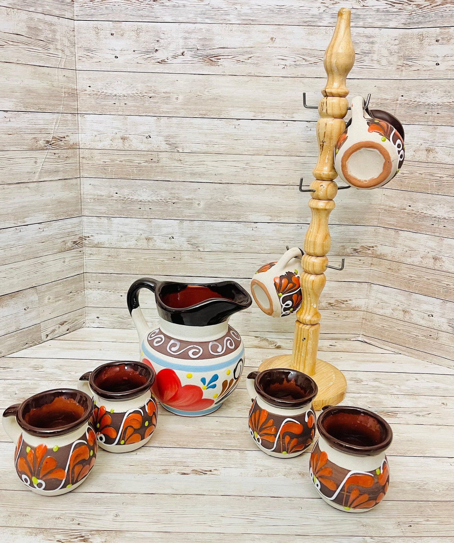 Terra Cotta Mexican Art Pottery CoffeeTea Pot with 6 Mugs and Mug Tree Jarra Lechera Cafetera Artesanal Mexicana Engove con 6 Tazas y Torre