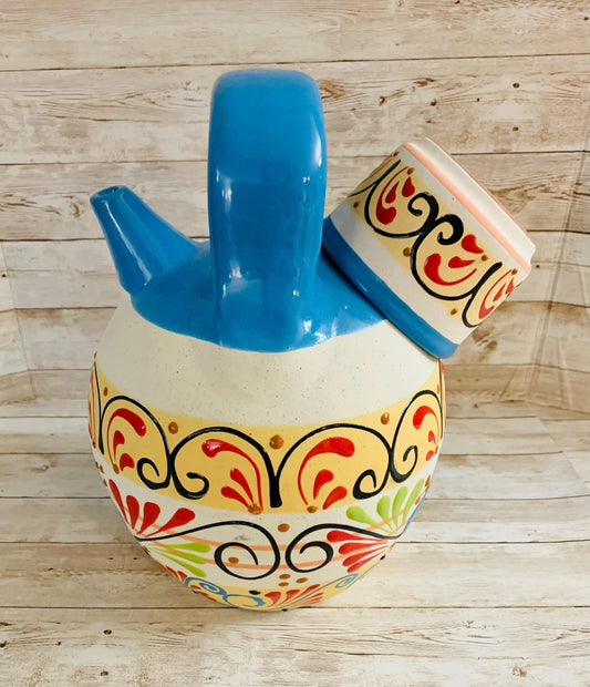Terra Cotta Mexican Art Water Jug with Cup Garrafon de Barron Artesanal Mexicana con Vaso