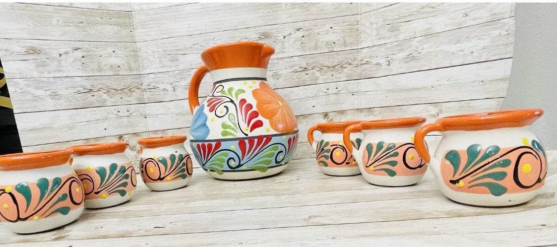 Terra Cotta Mexican Art Pottery Pitcher With 6 Cups Jarra Artesanal Mexicana
