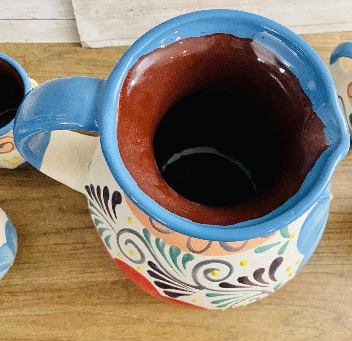 Terra Cotta Mexican Art Pottery Pitcher With 6 Cups Jarra Artesanal Mexicana