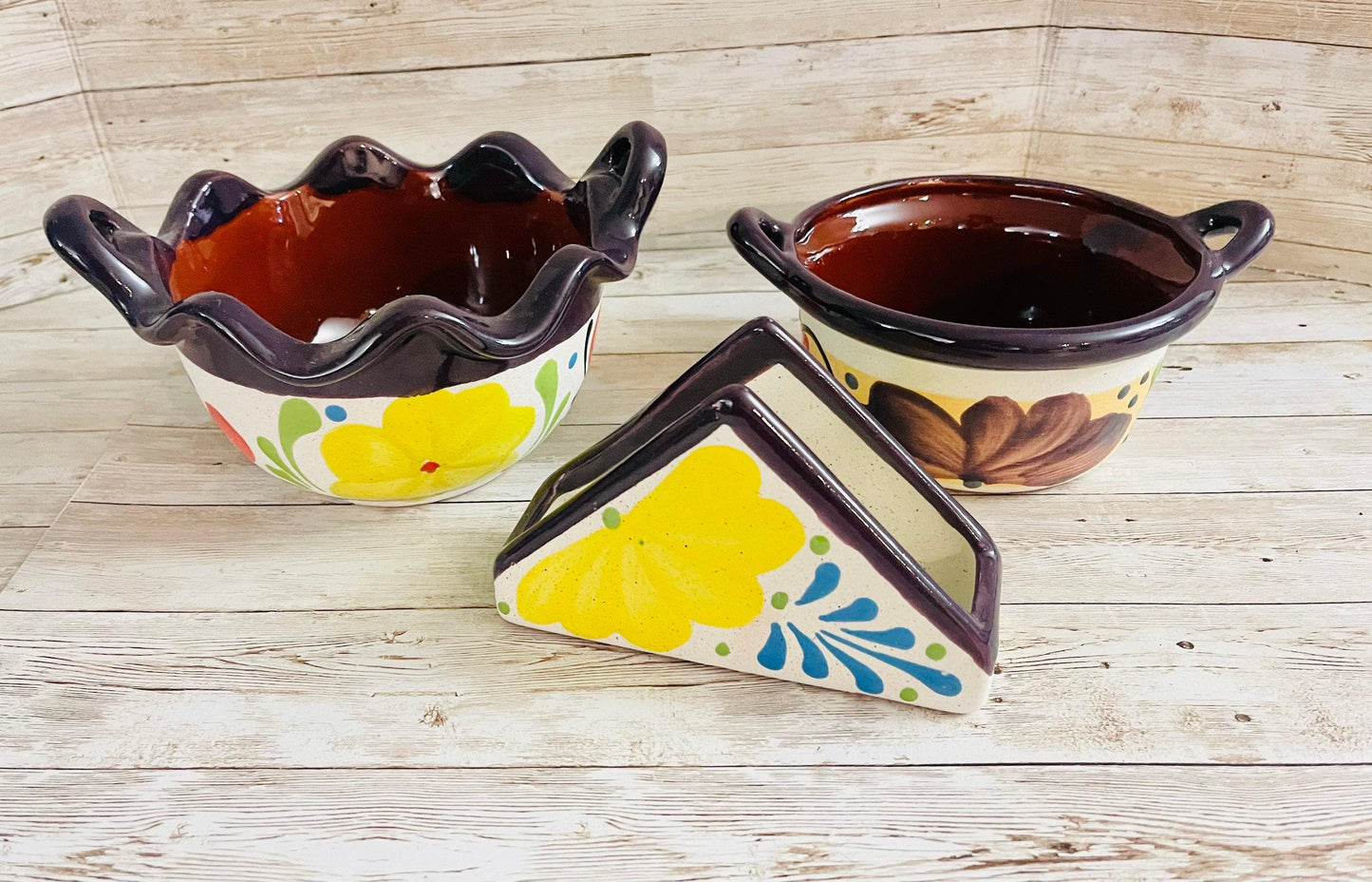 Terra Cota 3 Piece Mexican Set Napkin Holder Salsa & Dish Bowl Servilletero Tazon y Salsero de Barro