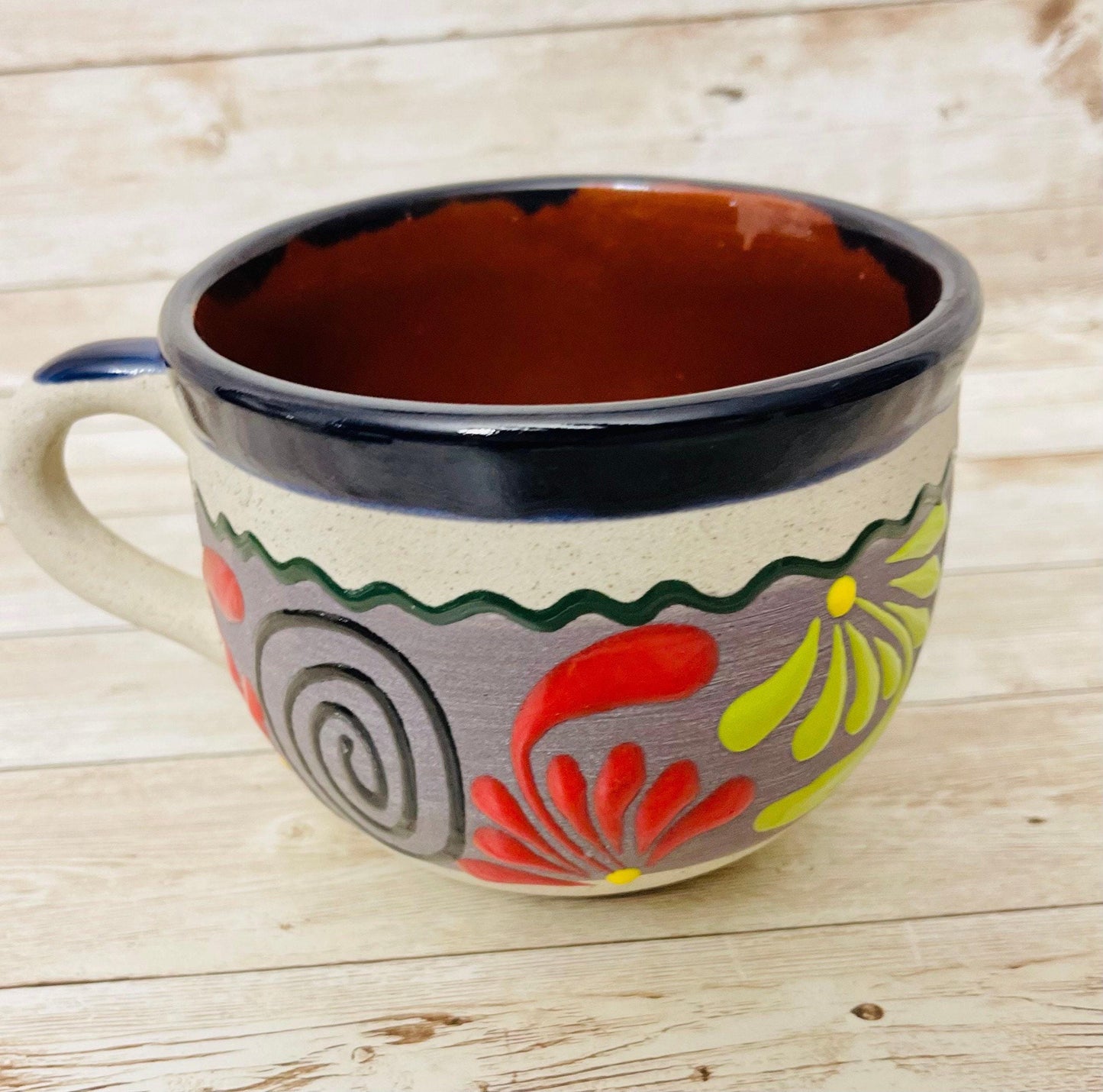Terra Cotta Mexican Art Pottery Cereal Large Mug Tazon Para Cereal oh Sopa de Barro Mexicano