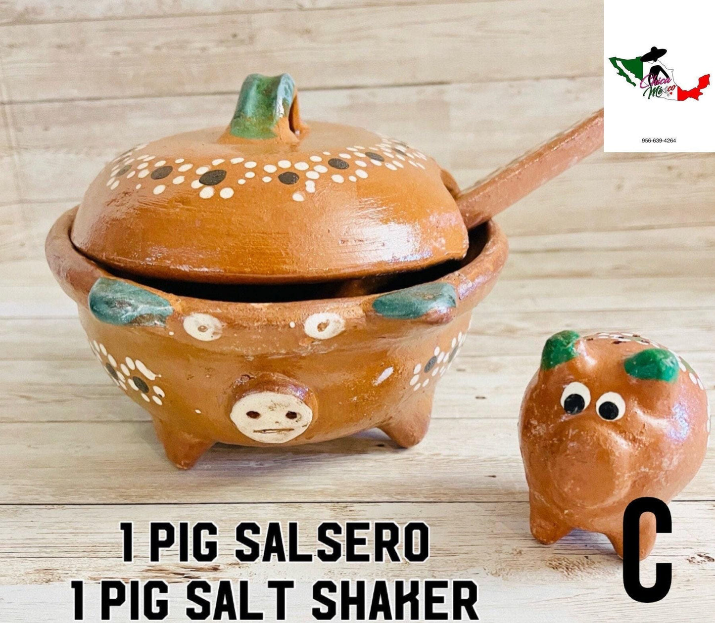 Terra Cotta Mexican Pottery Salsa Pig Bowl with Spoon and Salt Shaker Salsera de Barro Mexicana de Marranito con Cuchara y Salero