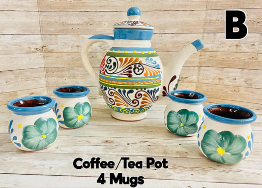 Terra Cotta Mexican Art Pottery CoffeeTea Set Drinkware With 4 Mugs Jarra Lechera Cafetera Artesanal con 4 tazas y Azucarera