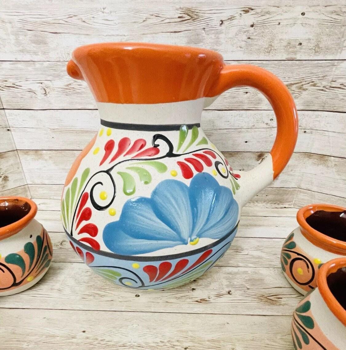 Terra Cotta Mexican Art Pottery Pitcher With 6 Cups Jarra Artesanal Mexicana