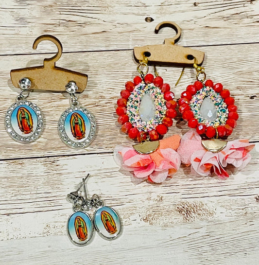 Virgin Mary Earrings Set of 3-2 Stud Earrings and 1 Artisanal Mexican Floral 2 Pares de Aretes de Virgen Maria y 1 Par Aretes Artesanales