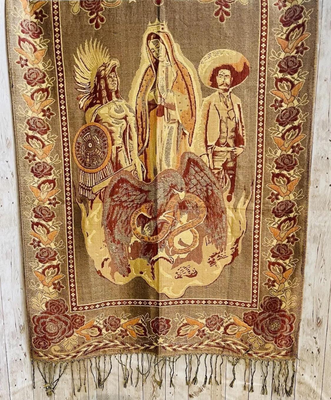 Virgin Mary Mexican Shawls Rebosos Wraps Rebosos de La Virgen Maria con Emiliano Zapata y Montezuma