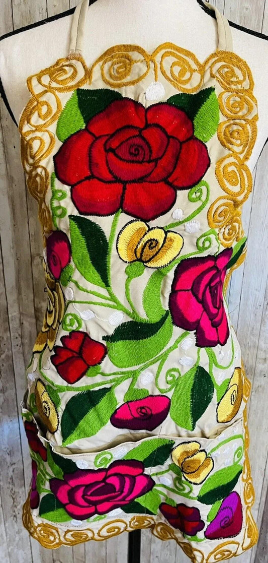 Mexican Embroidered Handmade Kitchen Flower Apron Mandil Delantal Mexicano Bordado de Flores