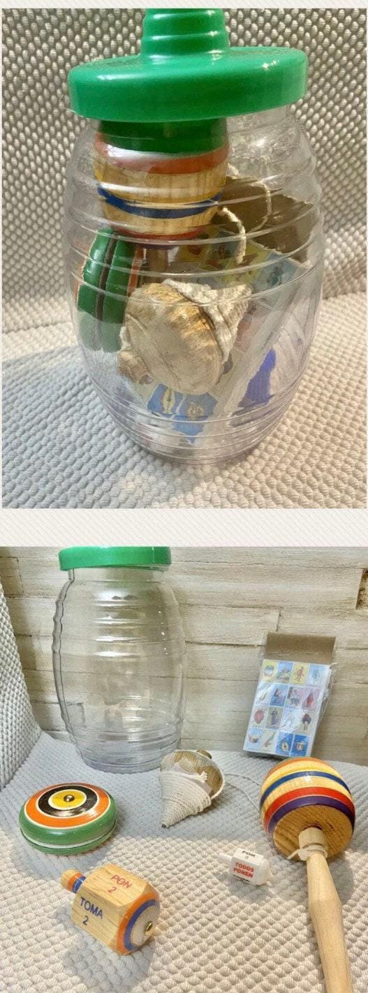 Mexican Classic Toys Set Trompo TomaTodo Balero Resortera Wood Yoyo and Mini Loteria in Vitrolero