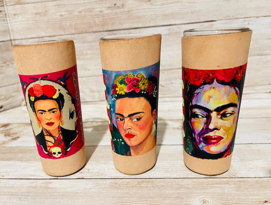 3 Frida Kahlo Mexican Leather Shot Glasses 3 Vasos Tequileros de Frida Kahlo con Forro de Piel