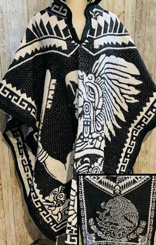 Poncho Azteca con Guerrero y Escudo Nacional Double Sided Aztec Calendar Poncho
