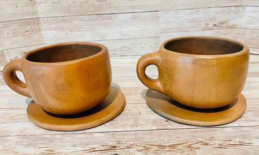 Brown Oaxacan Mexican Clay Cups Set with 2 Cups & 2 Plates 2 Tazas de Barro Cafe Artesanal de de Oaxaca Artesanales con 2 Platos