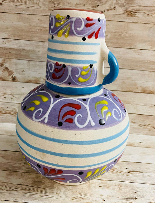 Terra Cotta Mexican Art Water Jug with Cup Garrafon de Barron Artesanal Mexicana con Vaso