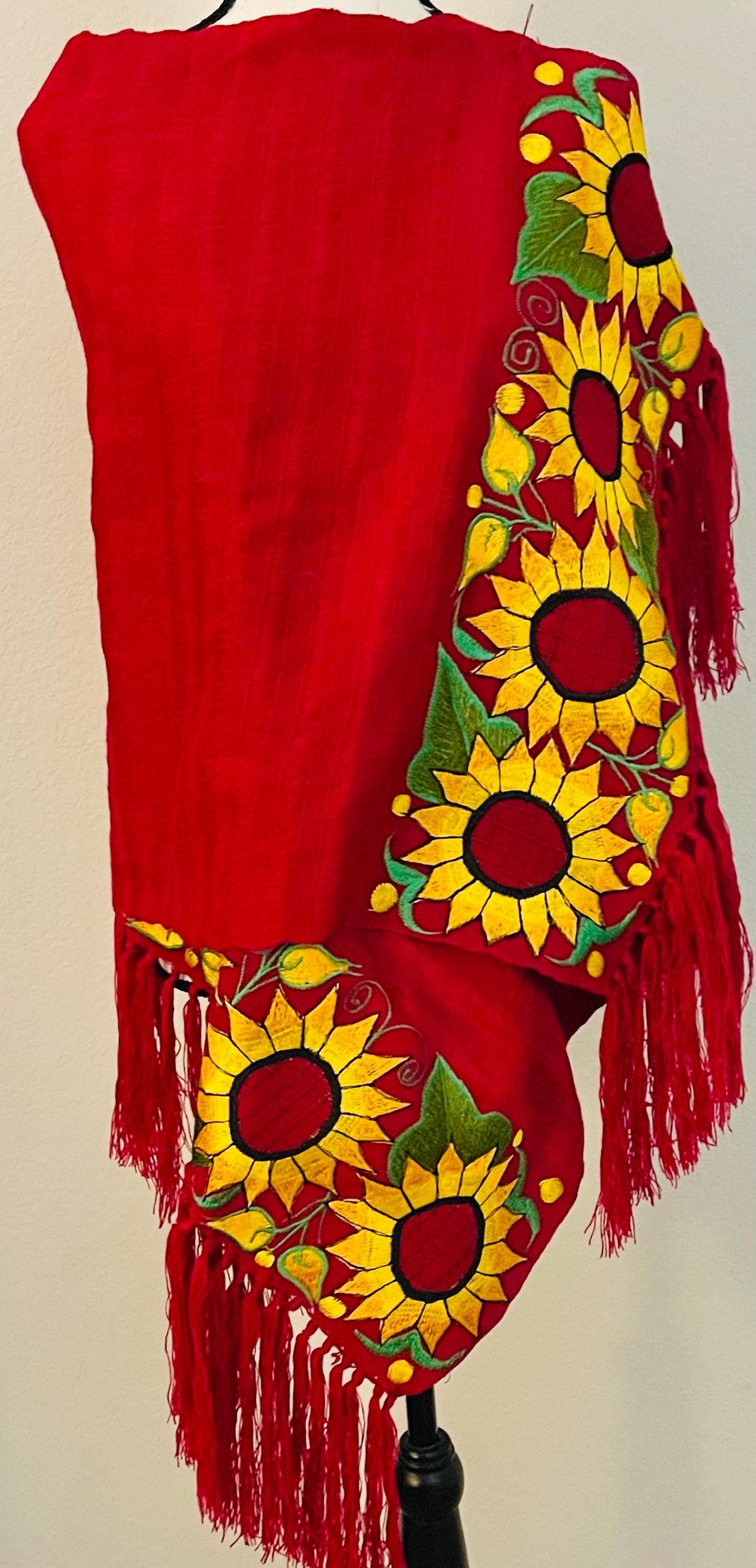 Mexican Sunflower Embroidered Handmade Shawl Reboso Bordado Mexicano de Girasoles