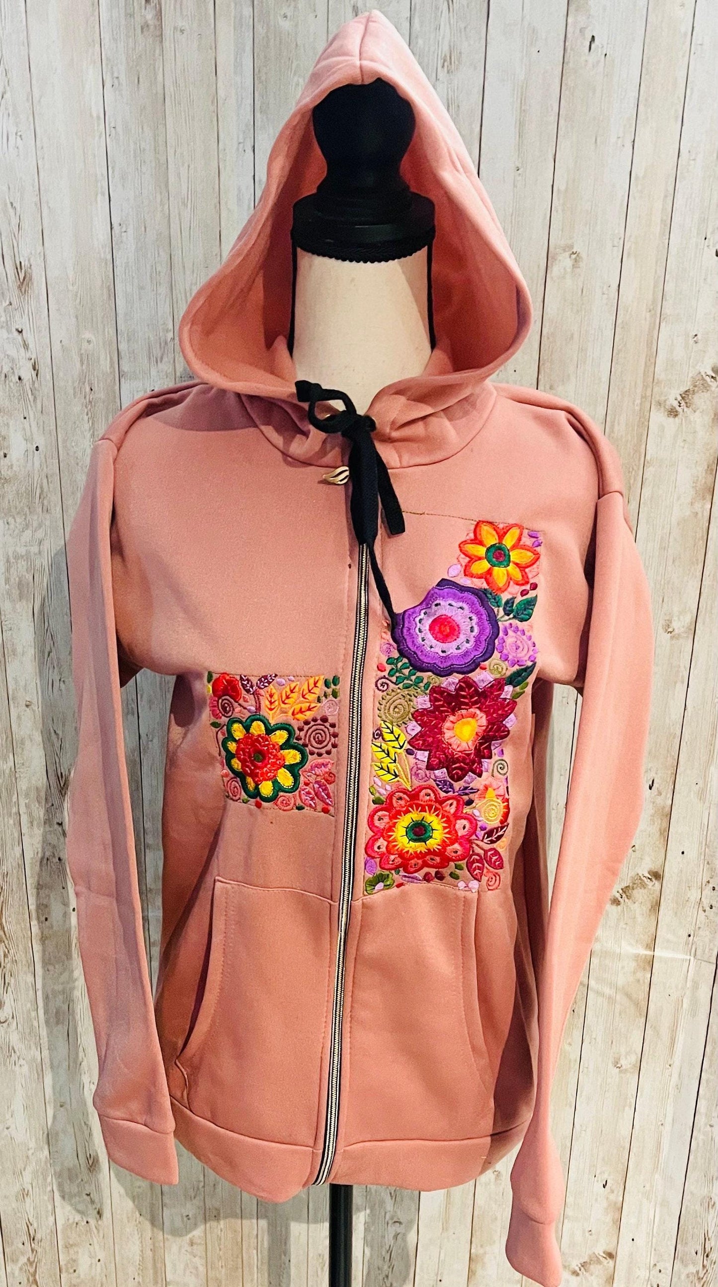 Mexican Embroidered Hoodie Zip Front Sweater Size Large Sueter Bordado Mexicano con Zipper