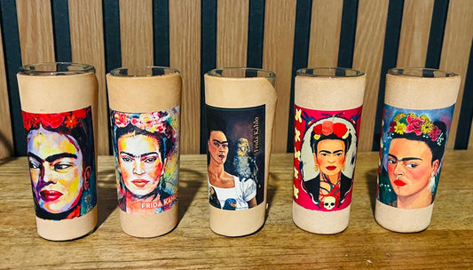 5 Frida Kahlo Mexican Leather Shot Glasses Vasos Tequileros de Frida Kahlo Set De 5 con Forro de Piel