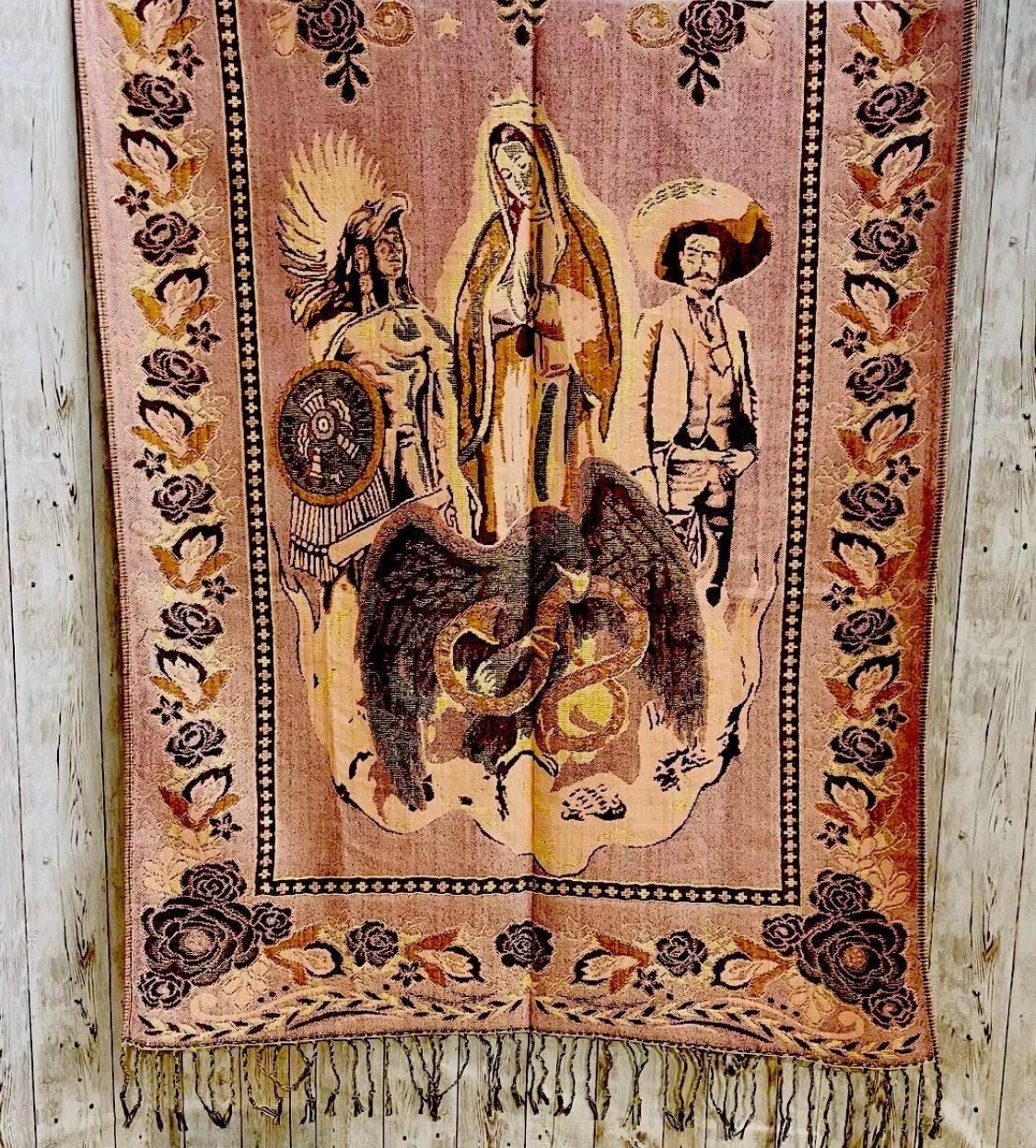 Virgin Mary Mexican Shawls Rebosos Wraps Rebosos de La Virgen Maria con Emiliano Zapata y Montezuma