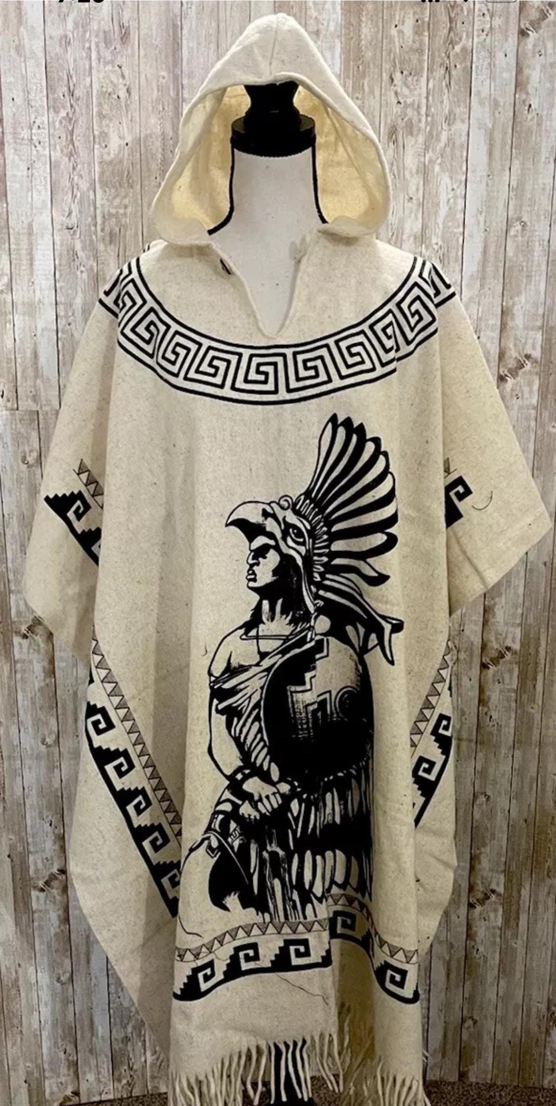 Mexican Aztec Warrior Wool PONCHO with Hoodie Poncho Mexicano De Lana Planchada Azteca Guerrero con Gorro