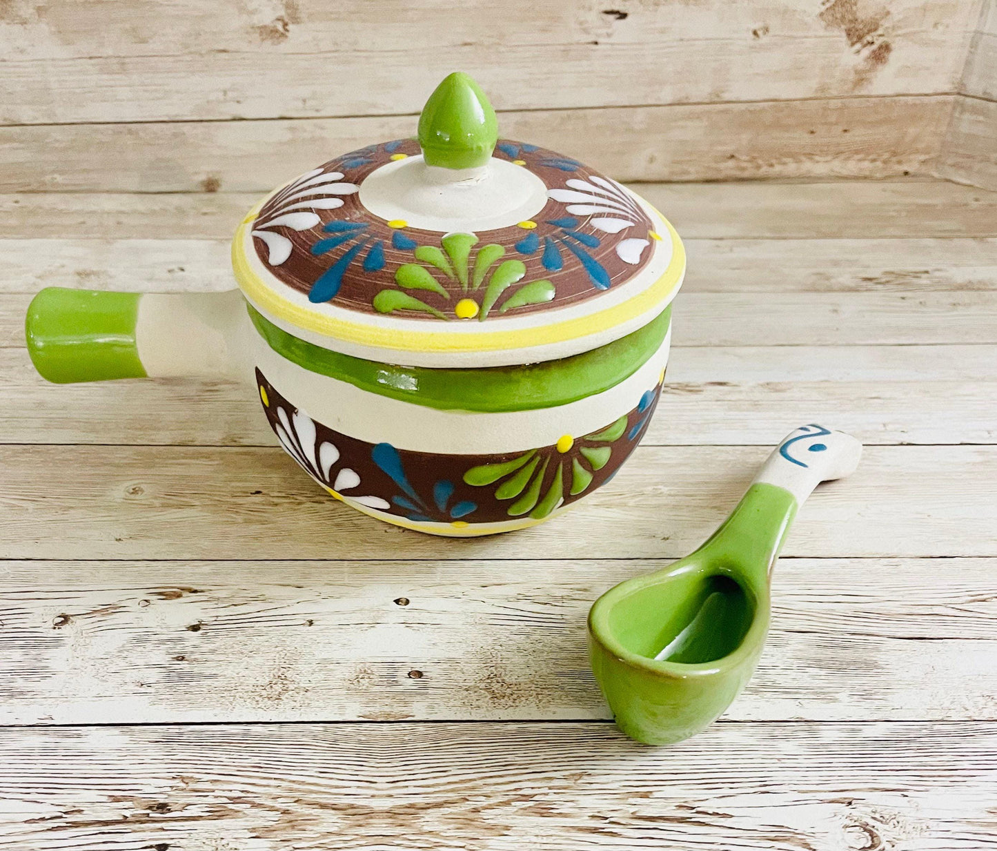 Terra Cotta Mexican Art Pottery Salsa/Sugar Pot with Spoon Azucarera/Salsera Mexicana Engove con Cuchara