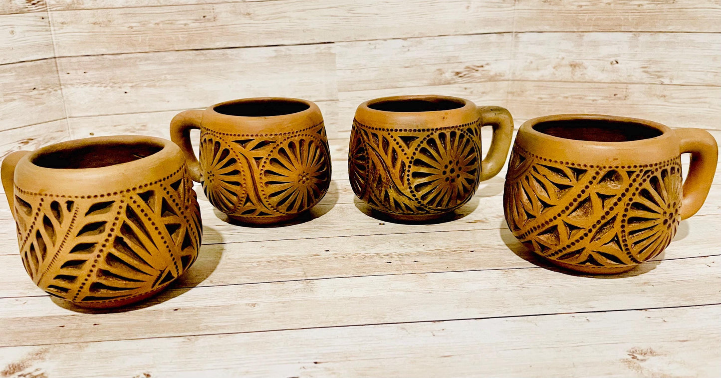 4X Mexican Artesanal Brown Clay Mexican Mugs Cups 4 Tazas Mexicanas Caladas de Barro Cafe de Oaxaca