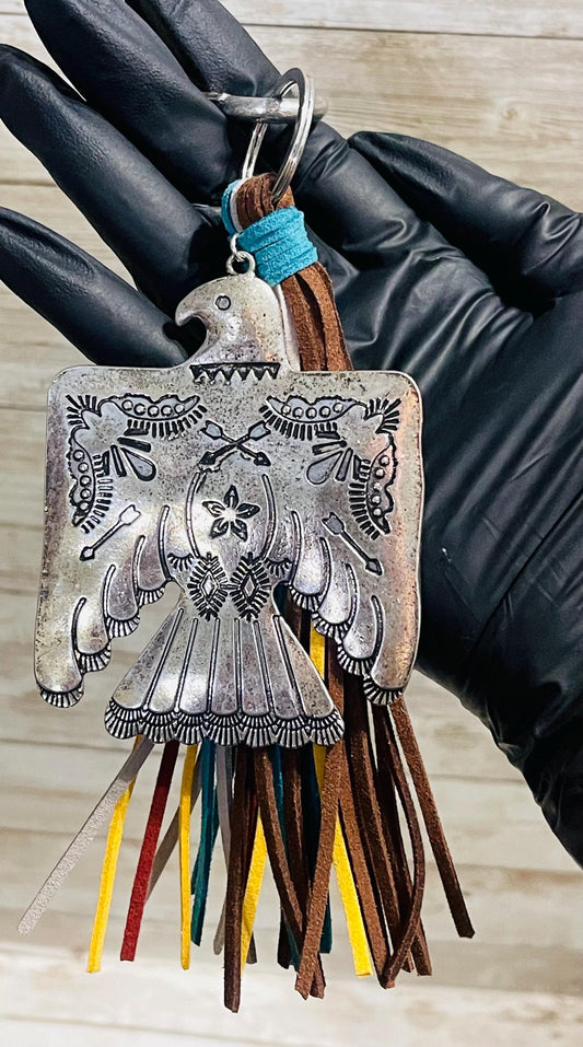 Thunderbird Southwest Western Keychain Key Purse Badge Llavero Pajaro Trueno Nativo con Tiras de Piel