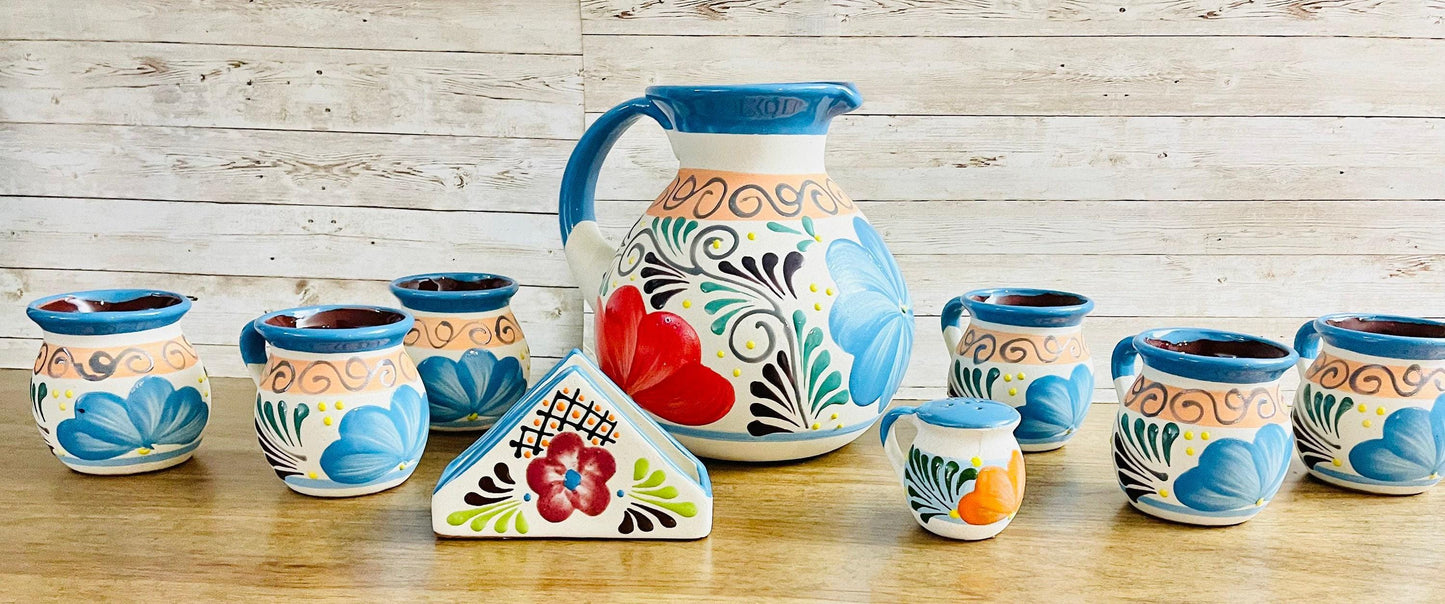 Terra Cotta Mexican Art Pottery Pitcher With 6 Cups Napkin Holder and Salt Shaker Jarra Artesanal Mexicana