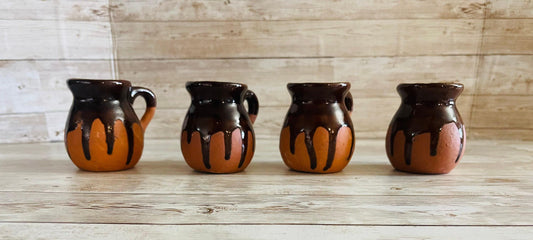 4 X Terra Cota Small Mexican Mugs 4 Tazas Jarritos De Barro Mexicano