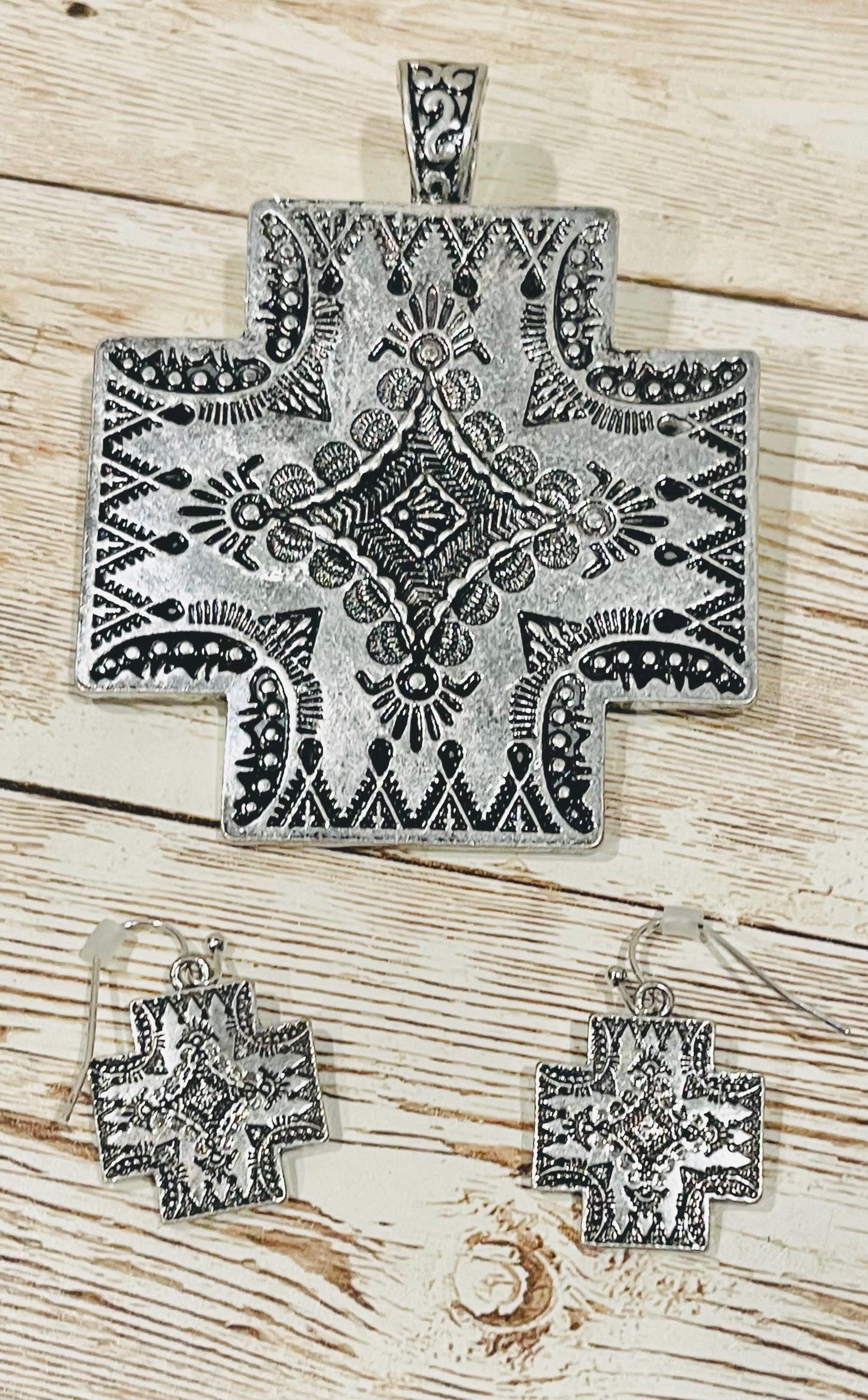 Western Cross Pendant & Earring Set Antique Silver Tone Jewelry Juego de Dije y Aretes de Cruz Estilo Color Plata Antigua