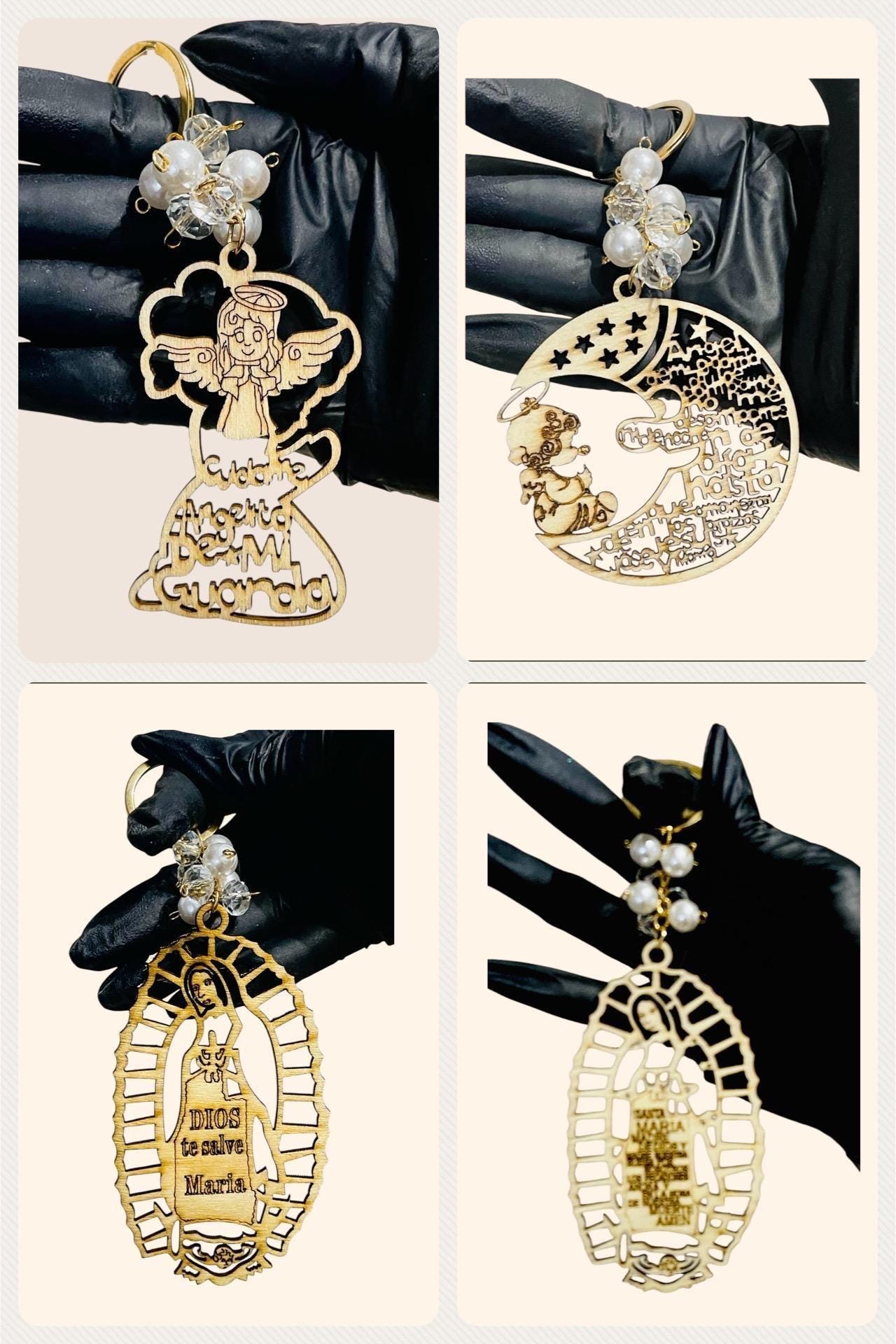 4 Mexican Wood Keychains 4 Llaveros Mexicanos Angel de mi Guarda, Dios te Salve Maria Virgen Maria Escoje 4 de tu Eleccion
