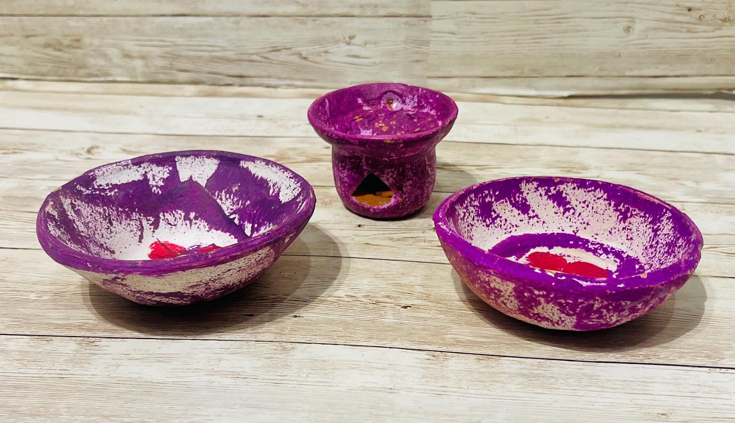 2 Platitos y 1 Anafre de Barro Mexicano Chico 2 Small Mexican Clay Platesand 1 Incense Burner Day of the Dead Dia de Muertos