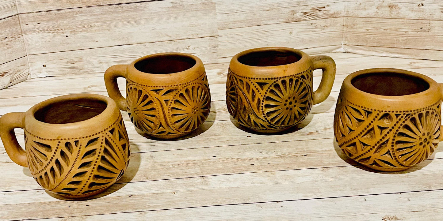 4X Mexican Artesanal Brown Clay Mexican Mugs Cups 4 Tazas Mexicanas Caladas de Barro Cafe de Oaxaca