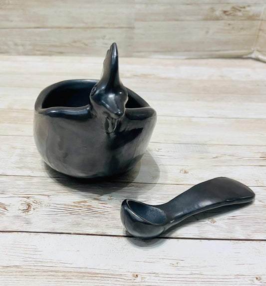Black Oaxacan Mexican Clay Art Pottery Salsa Bowl with Spoon Salsero con Cuchara de Barro Negro Artesanal Hecho en Oaxaca