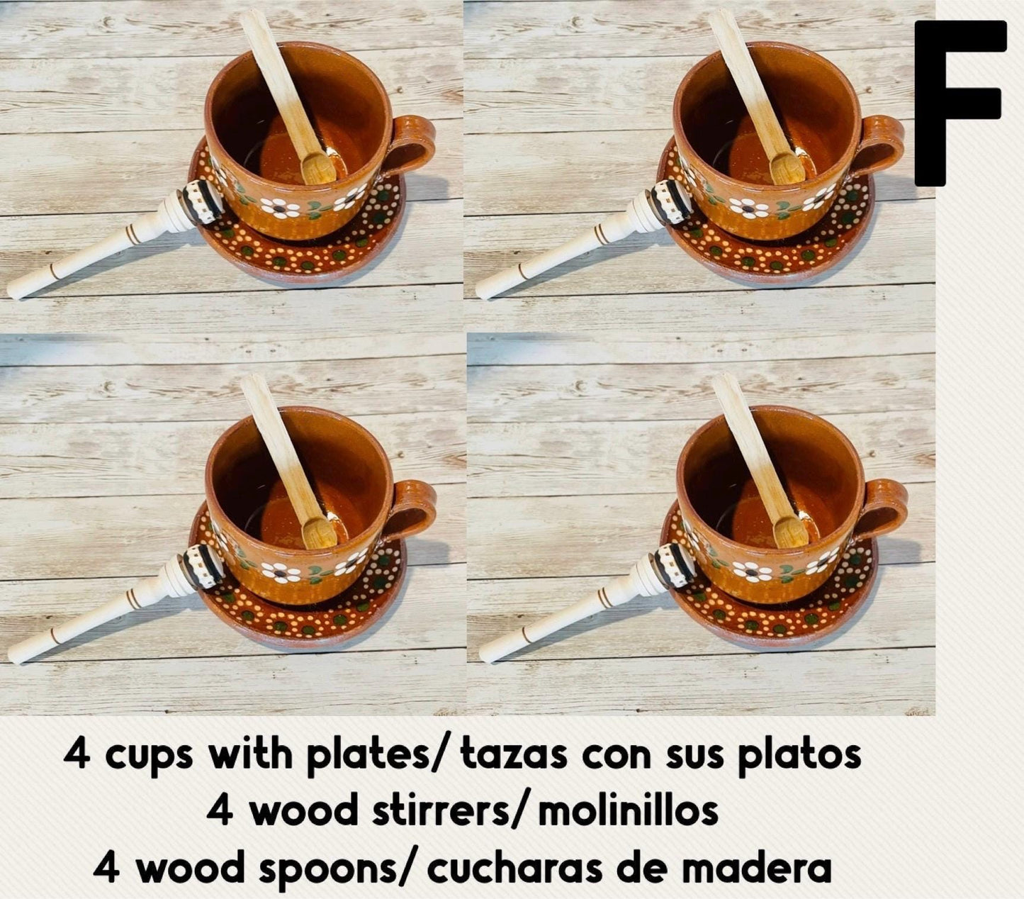 Taza de Barro y Plato con Molinillo y Cuchara de Madera Chica Terra Cota Mug with Plate & Small Wood Spoon and Stirrer for Mug