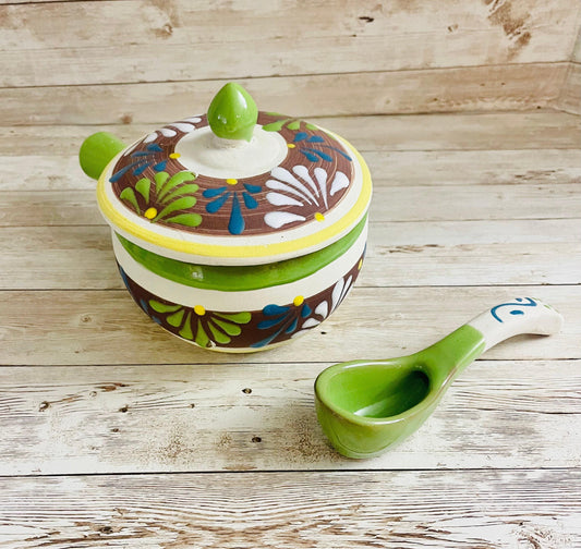 Terra Cotta Mexican Art Pottery Salsa/Sugar Pot with Spoon Azucarera/Salsera Mexicana Engove con Cuchara